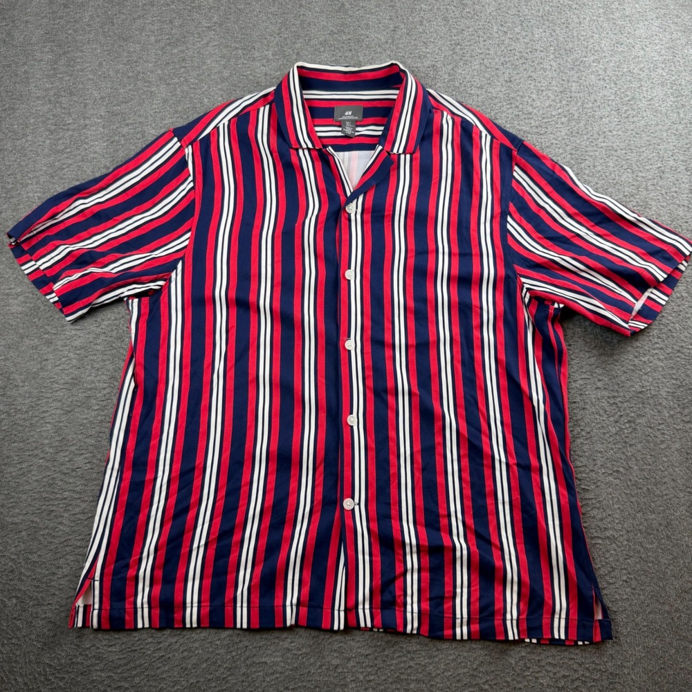 H&M Button Up Shirt Men's Large Red Blue White Striped Relaxed Fit Viscose
